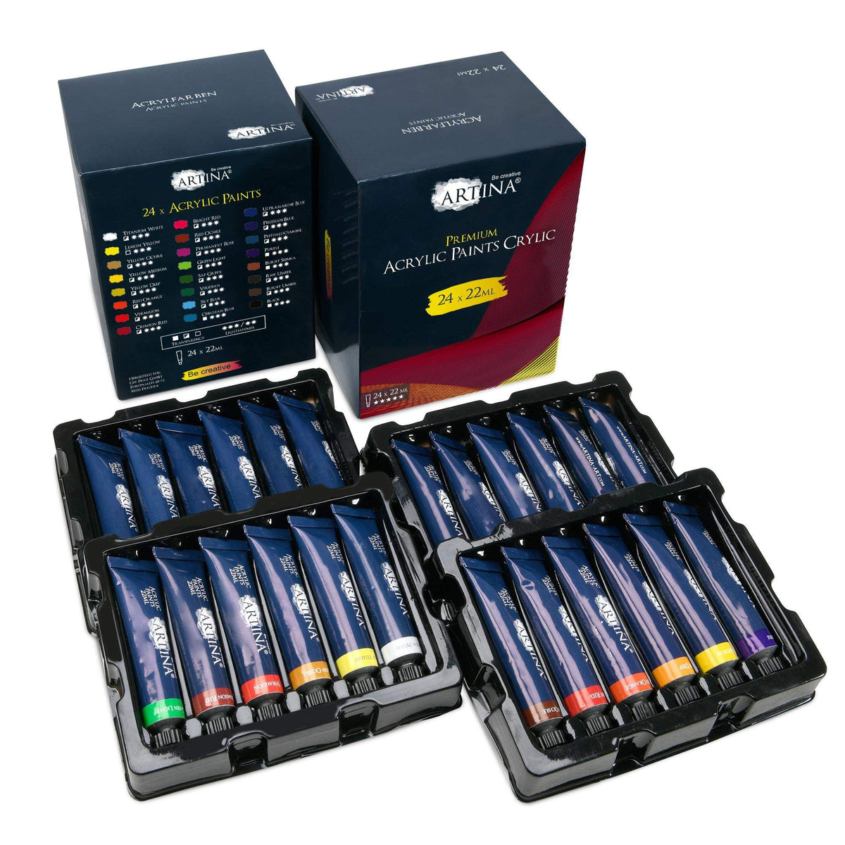 24-teiliges Artina Acrylfarben Set mit 22ml Tuben, schnell trocknend und hoch pigmentiert