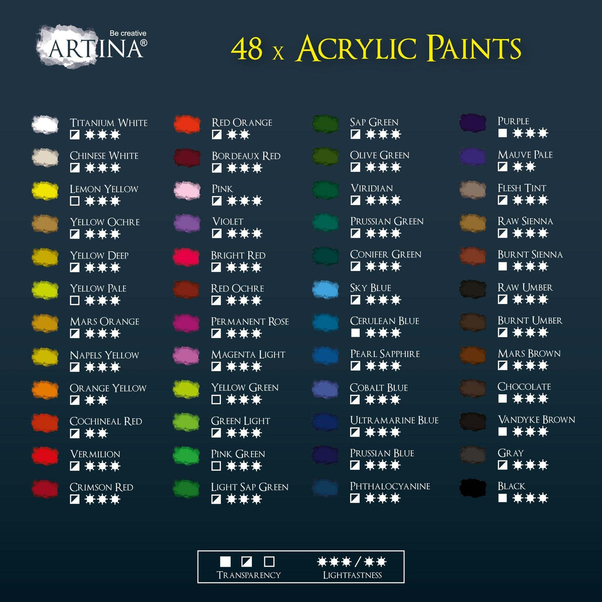 Artina Crylic Acrylfarben Set 48x22ml Tubes with vibrant, fast-drying acrylic paints for artists and hobbyists