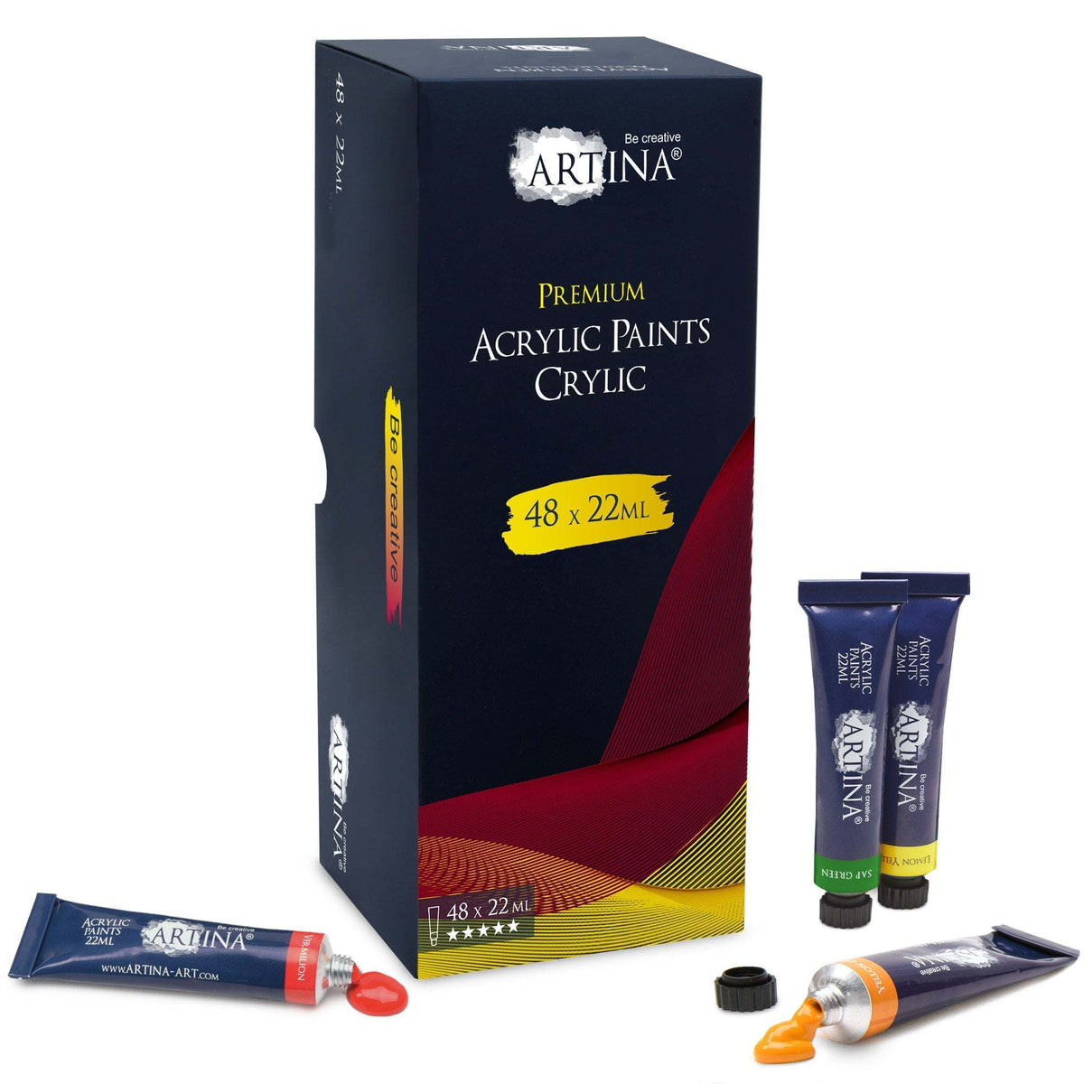 Artina Crylic Acrylfarben Set 48 x 22ml Tubes with vibrant, quick-drying acrylic paints for artists