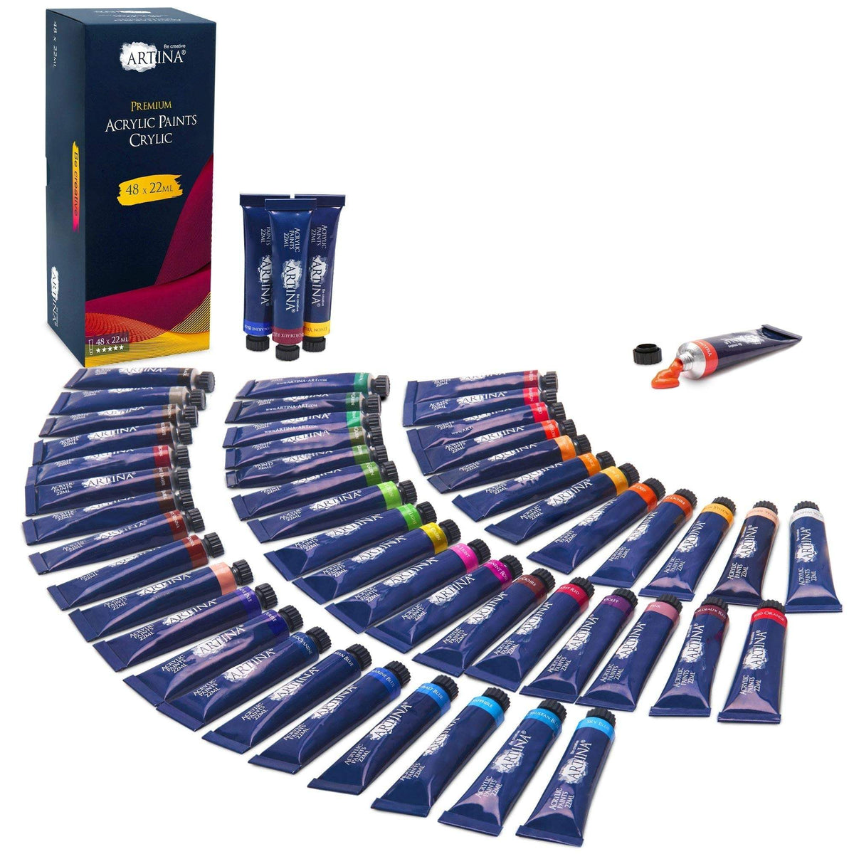 Artina Crylic Acrylfarben Set 48 Tuben 22ml hochwertige schnell trocknende Acrylfarben für Künstler