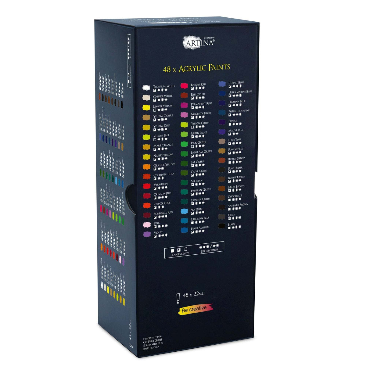 Artina Crylic Acrylfarben Set 48x22ml Tubes with vibrant, high-pigment acrylic artist paints