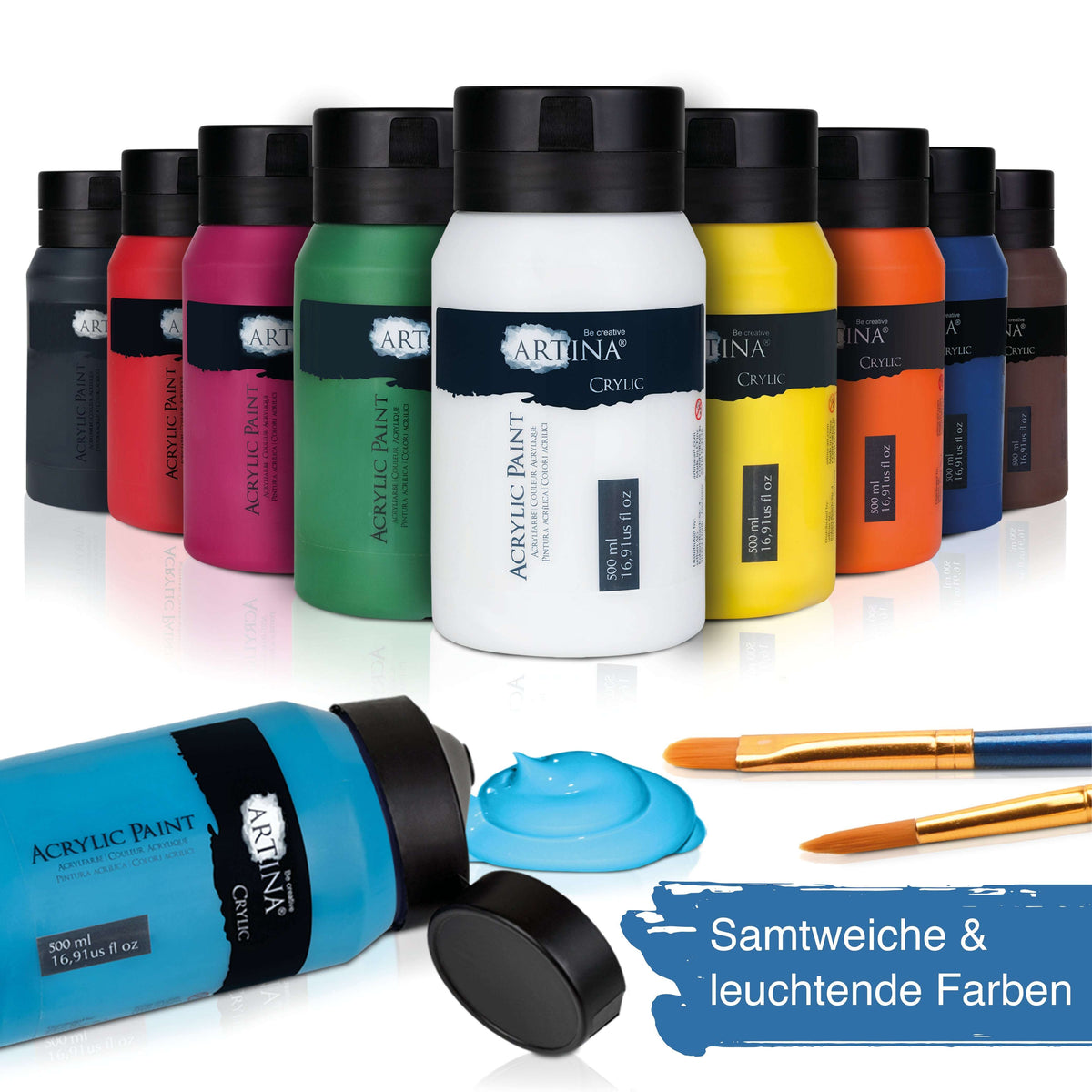 Artina Crylic Acrylfarbe Tuben Set 24 x 500ml mit schnell trocknenden, pigmentstarken, wasserfesten Acrylfarben in verschiedenen Farbtönen