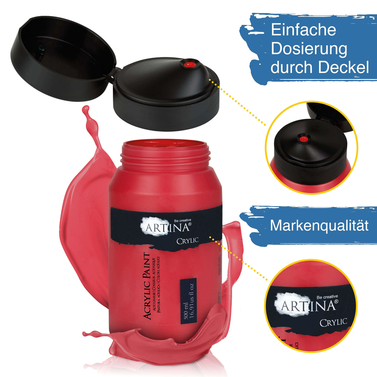 Artina Crylic Acrylfarbe Tuben Set 24 x 500ml schnell trocknende, pigmentstarke Acrylfarben in verschiedenen Farben