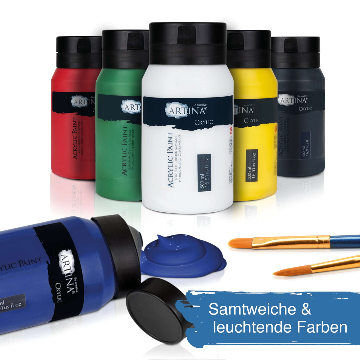Artina Crylic Acrylfarbe Set 6 x 500ml schnell trocknend pigmentstark wasserfest