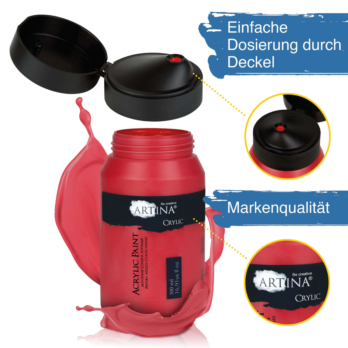 Artina Crylic Acrylfarbe Tuben Set 6 x 500ml hochwertige Künstlerfarbe in verschiedenen Farben