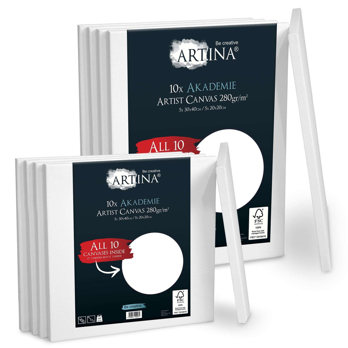 10er Keilrahmen Set aus FSC®-zertifiziertem Kiefernholz mit 280g/m² 100% Baumwolle Leinwänden in 20x20cm und 30x40cm Größen
