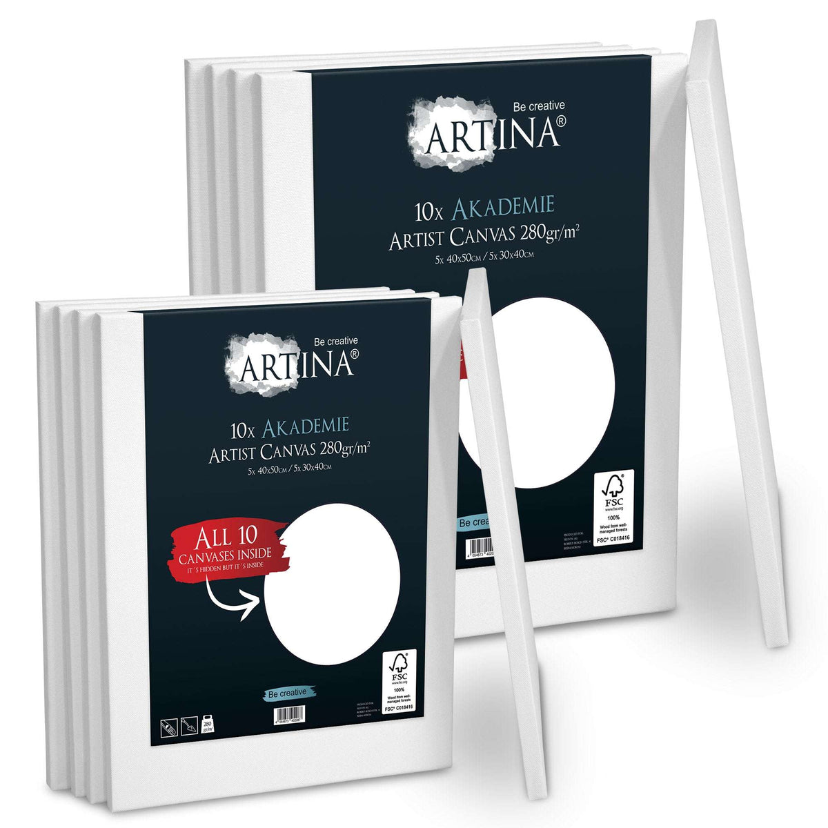 Artina Akademie Keilrahmen 10er Set Leinwände 30x40cm und 40x50cm FSC®-zertifiziert Baumwolle 280g/m²