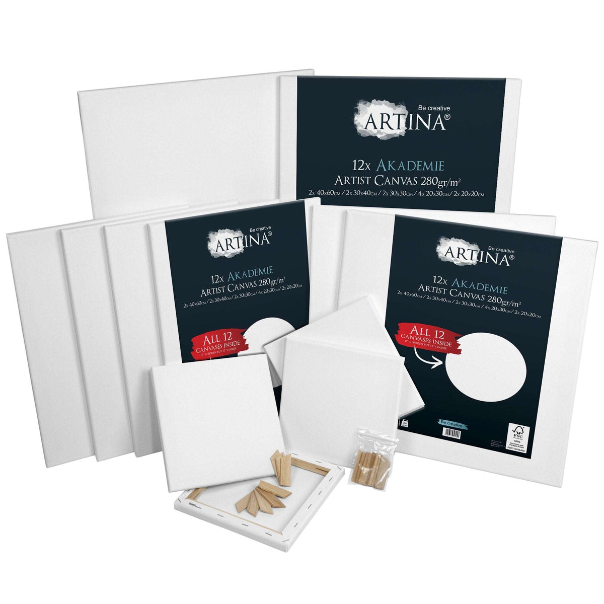 12er Keilrahmen Set Artina FSC® zertifizierte Leinwände aus 100% Baumwolle in fünf Größen