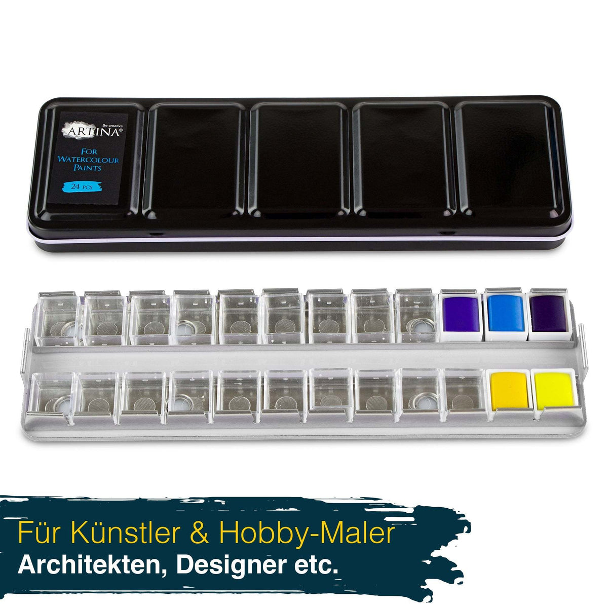 Artina Colaro Leerkasten aus Metall für 24 oder 48 halbe Aquarellfarbnäpfe mit Mischflächen