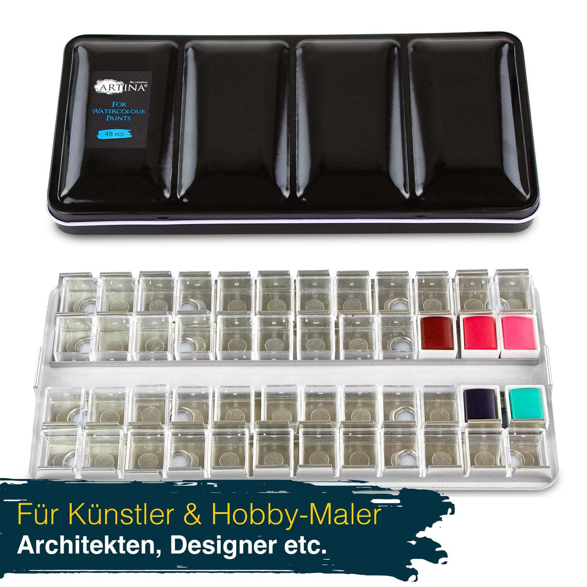 Artina Colaro Leerkasten aus Metall mit 24/48 halben Näpfen und Mischflächen für Aquarellfarben