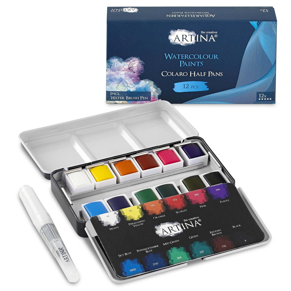 Artina Colaro Aquarellfarben Malkasten Set mit Wassertankpinsel und 12 bis 36 Farben