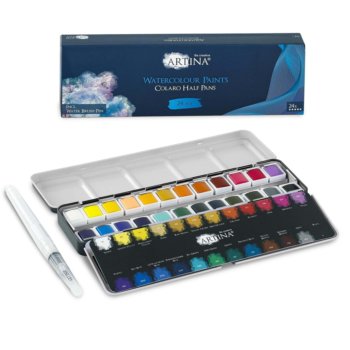 Artina Colaro Aquarellfarben Malkasten Set mit Wassertankpinsel und Metallbox