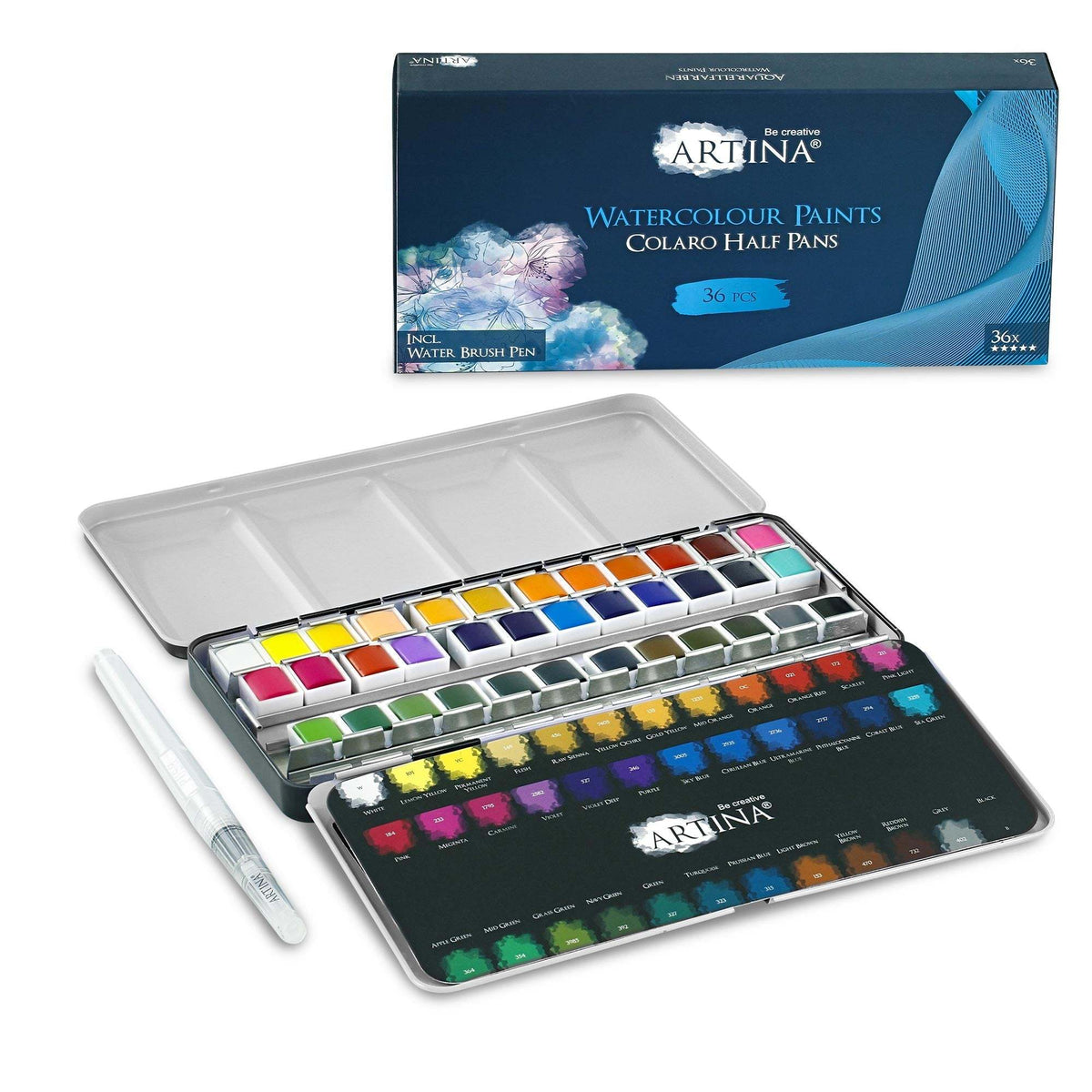 Artina Colaro Aquarellfarben Malkasten Set mit Metallbox und Wassertankpinsel