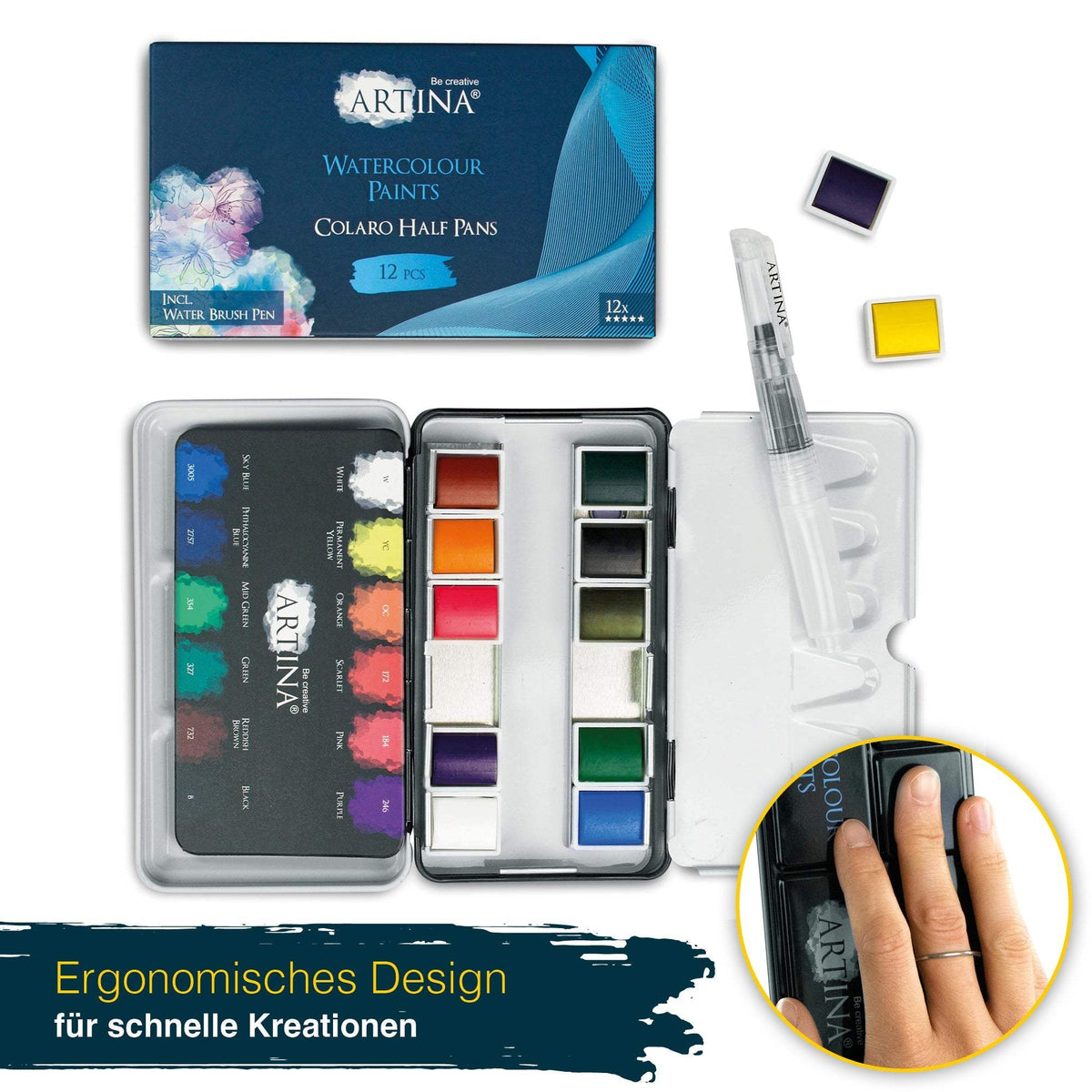 Artina Colaro Aquarellfarben Malkasten Set mit Metallbox und integriertem Wassertankpinsel