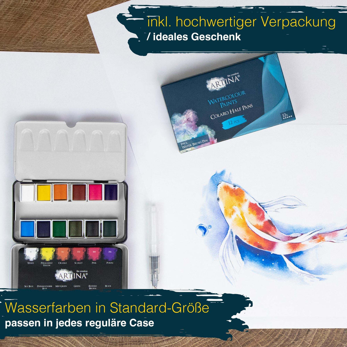 Artina Colaro Aquarellfarben Malkasten Set mit Wassertankpinsel und Metallbox