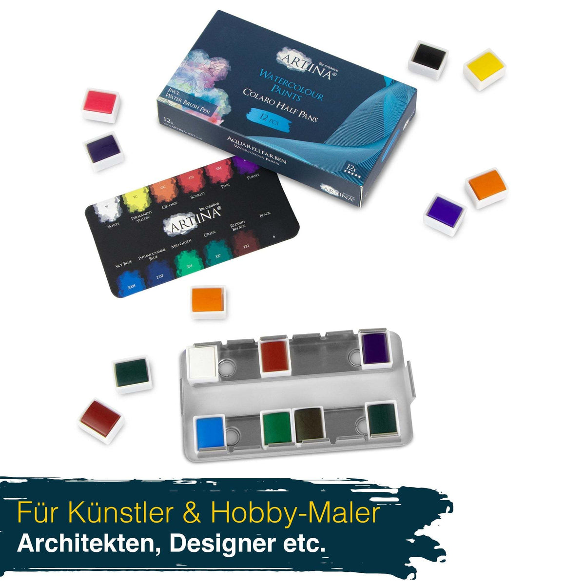 Artina Colaro Aquarellfarben Malkasten Set mit Wassertankpinsel und 12-36 Farben in Metallbox