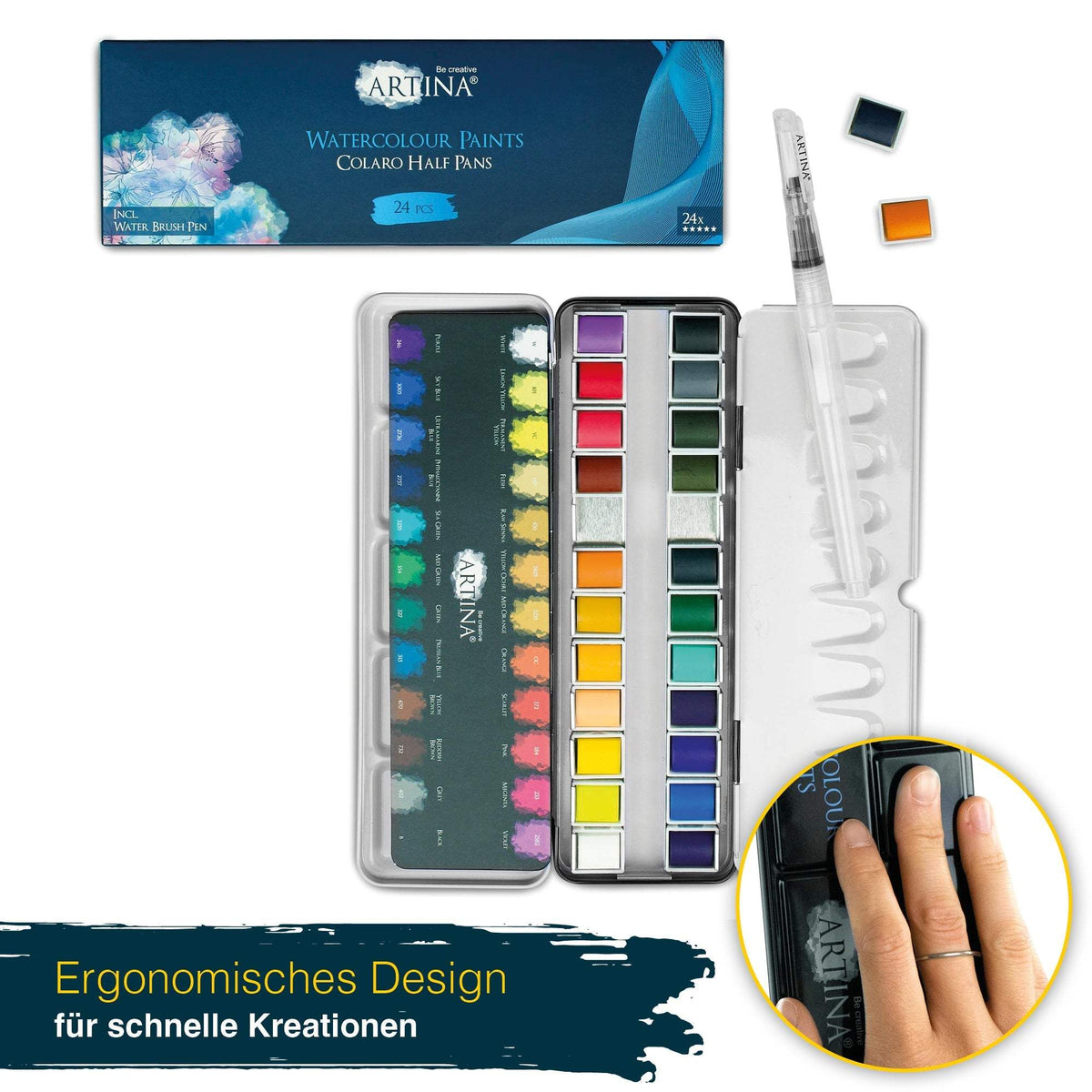 Artina Colaro Aquarellfarben Malkasten Set mit 12/24/36 Farben und Wassertankpinsel in Metallbox