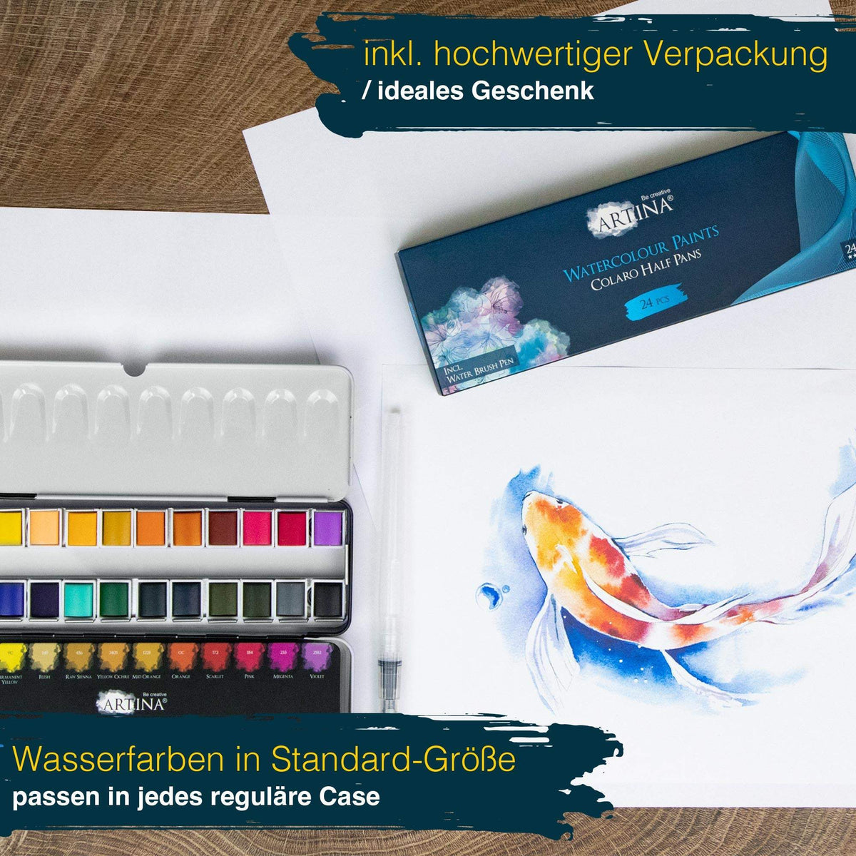 Artina Colaro Aquarellfarben Malkasten Set mit Wassertankpinsel und Metallbox