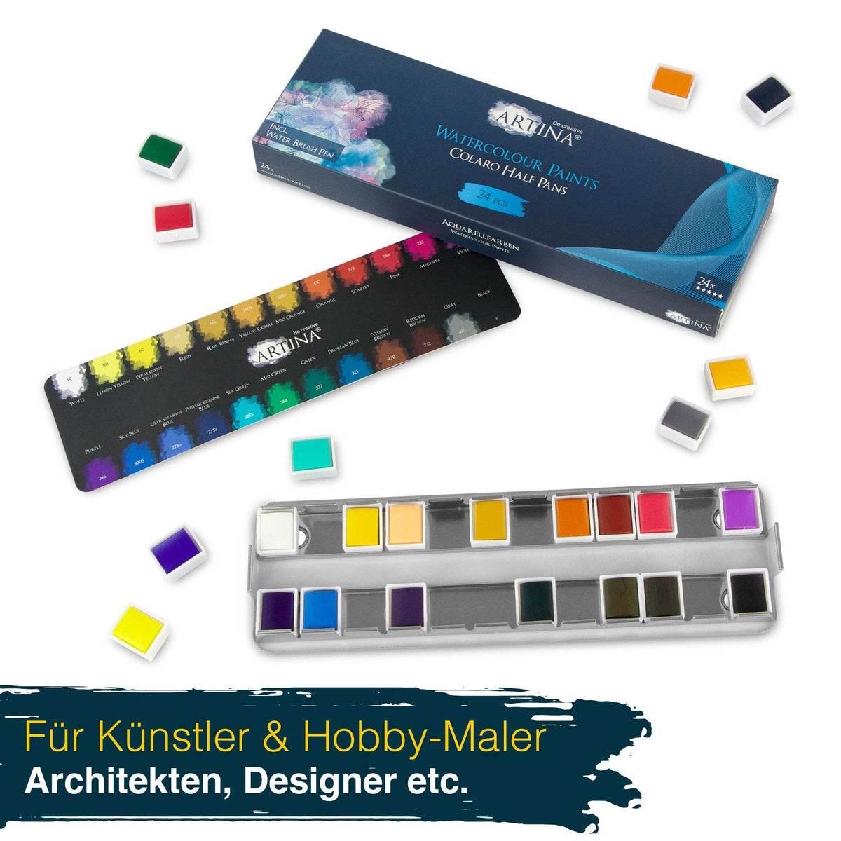 Artina Colaro Aquarellfarben Metall Malkasten Set mit 12-36 Farben und Wassertankpinsel