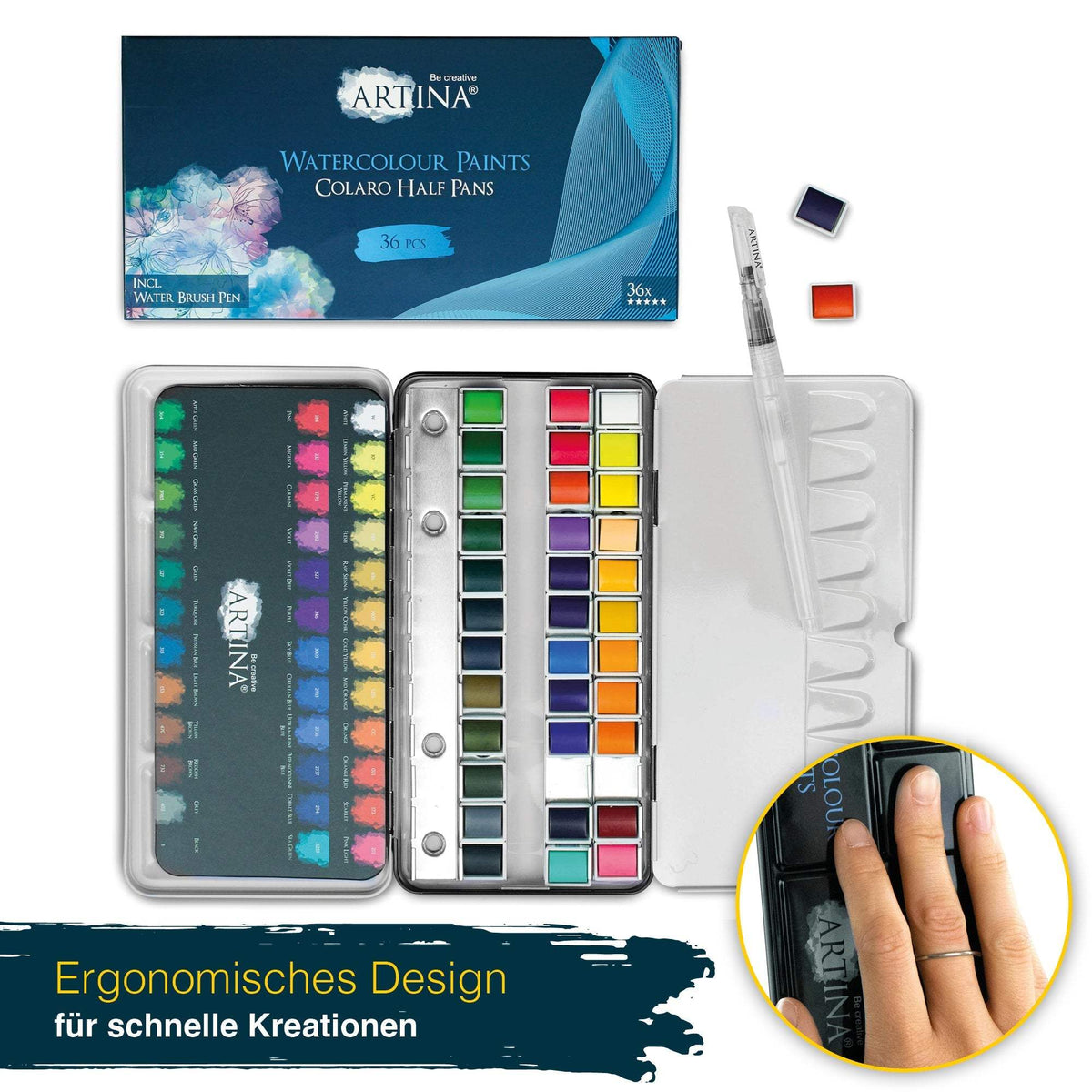Artina Colaro Aquarellfarben Malkasten Set mit Metallbox und Wassertankpinsel