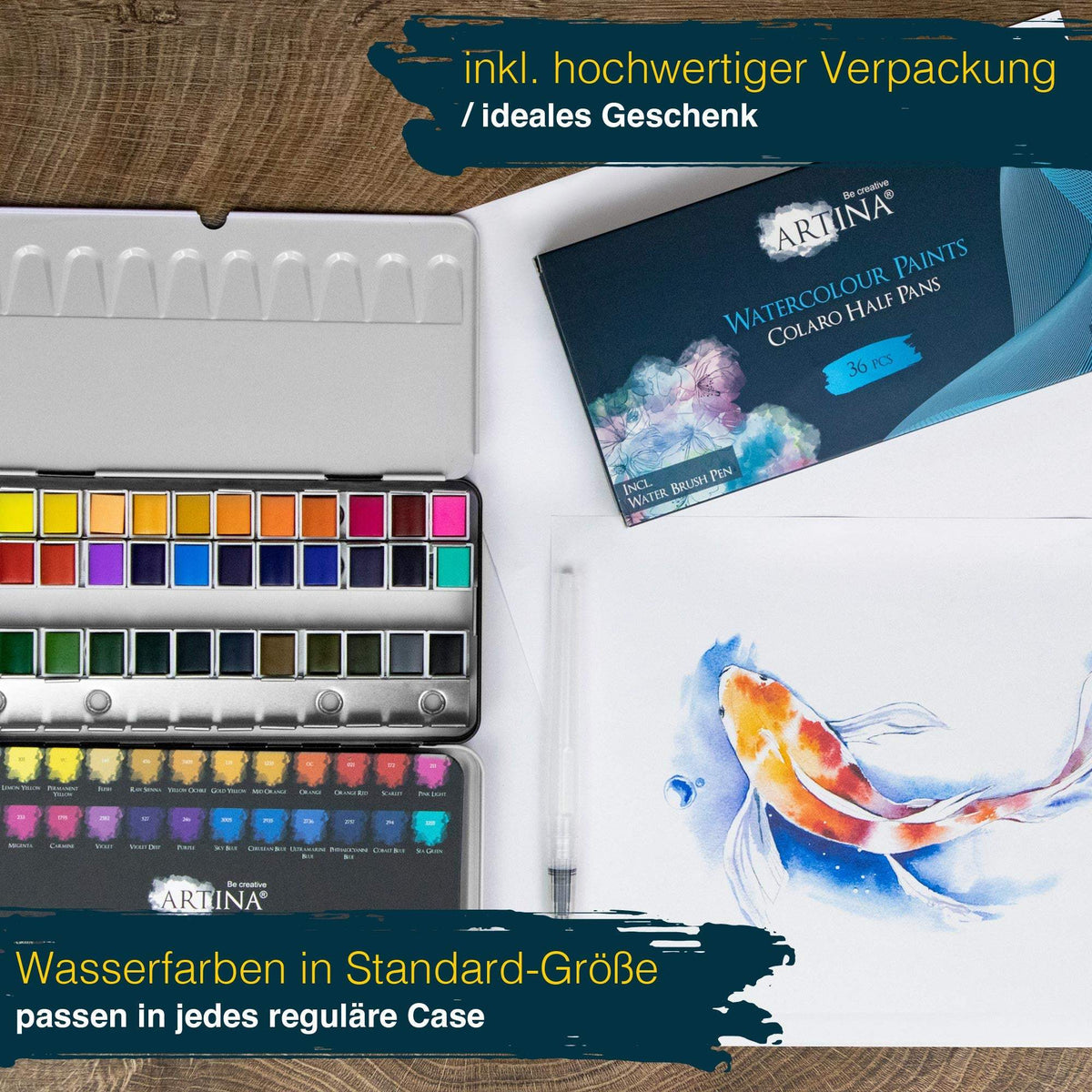 Artina Colaro Aquarellfarben Malkasten Set mit 12-36 Metallfarben und Wassertankpinsel