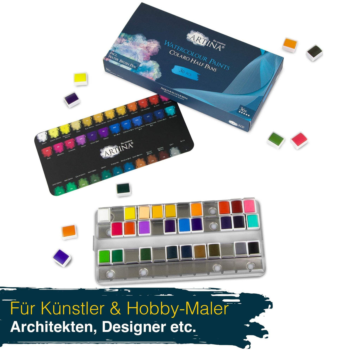 Artina Colaro Aquarellfarben Malkasten Set mit Metallbox und Wassertankpinsel