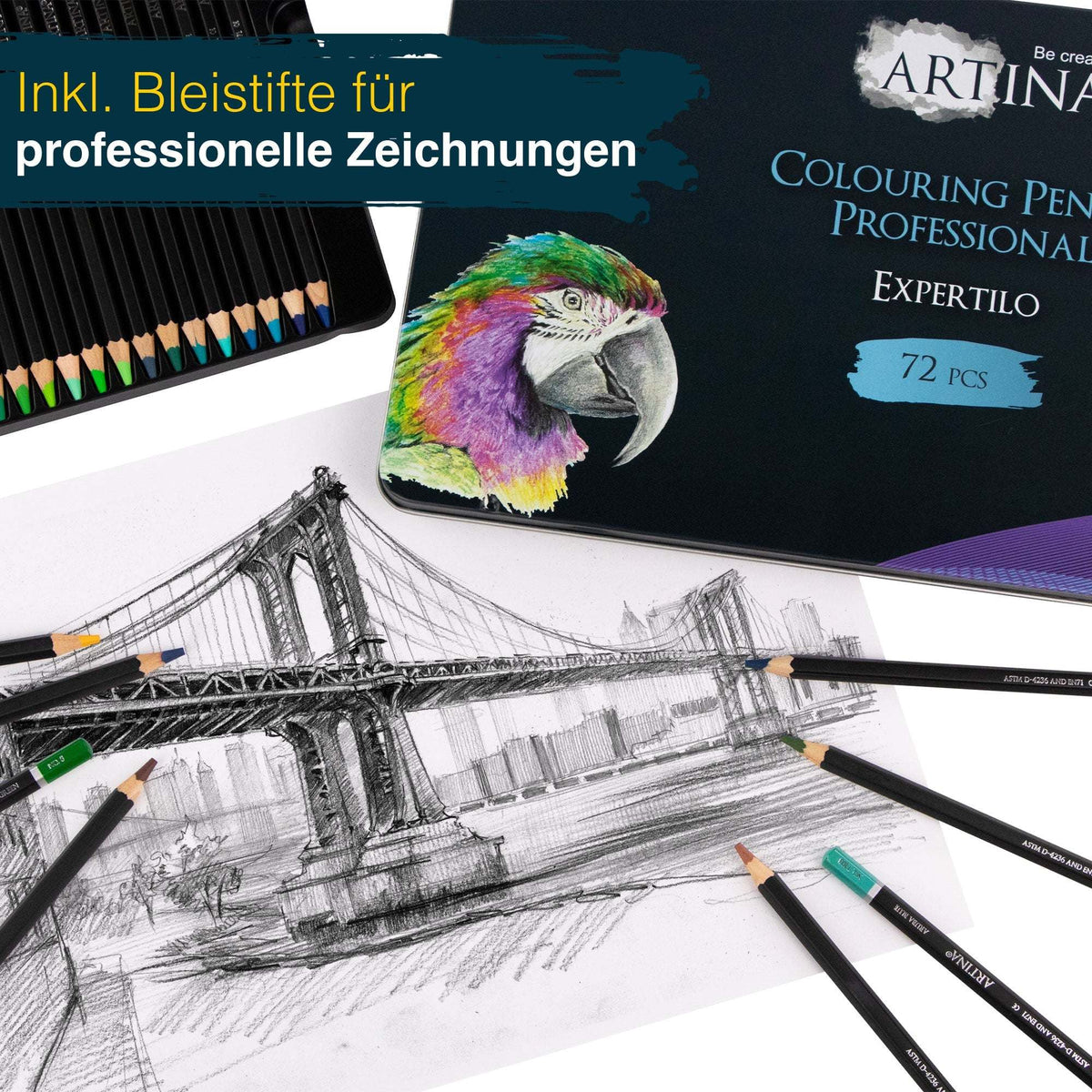 Artina Expertilo Buntstifte Set 72 farbige, bruchsichere Farbstifte mit FSC-Zertifikat in Metallbox