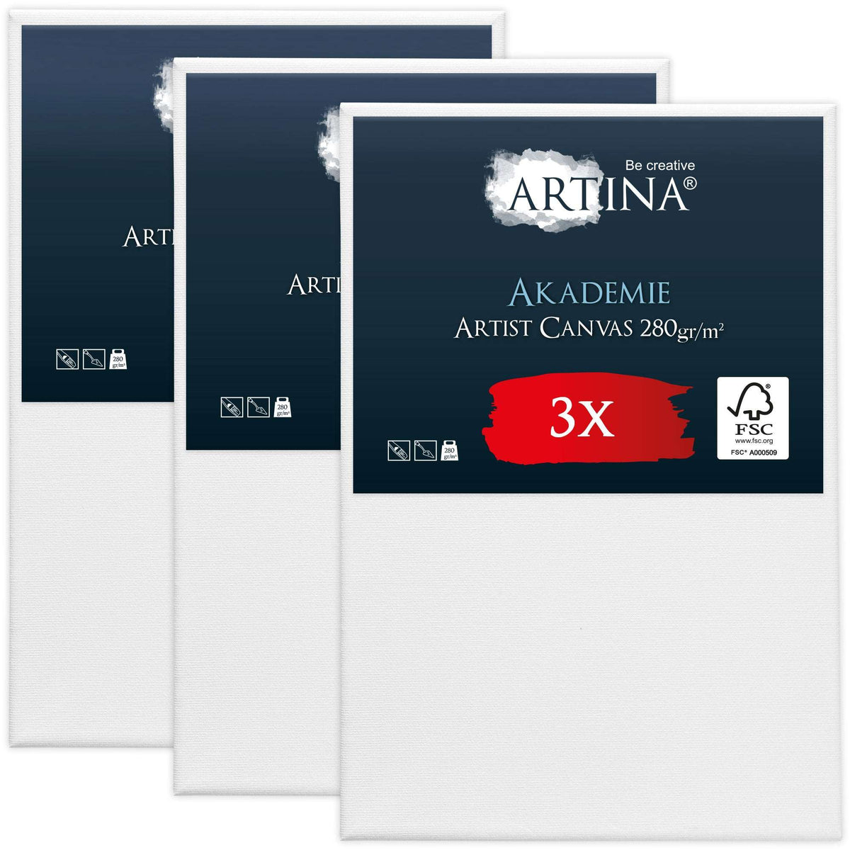 Artina 3er Set Leinwand auf stabilem FSC®-zertifiziertem Holzkeilrahmen, 280g/m² Baumwoll-Leinwand, 2-fach weiß vorgrundiert, ideal für alle Maltechniken