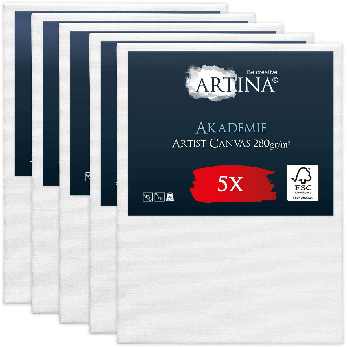 Artina 5er Set Leinwände auf formstabilen FSC Holz Keilrahmen, 280g/m² Baumwolle, 2-fach weiß vorgrundiert, für alle Maltechniken