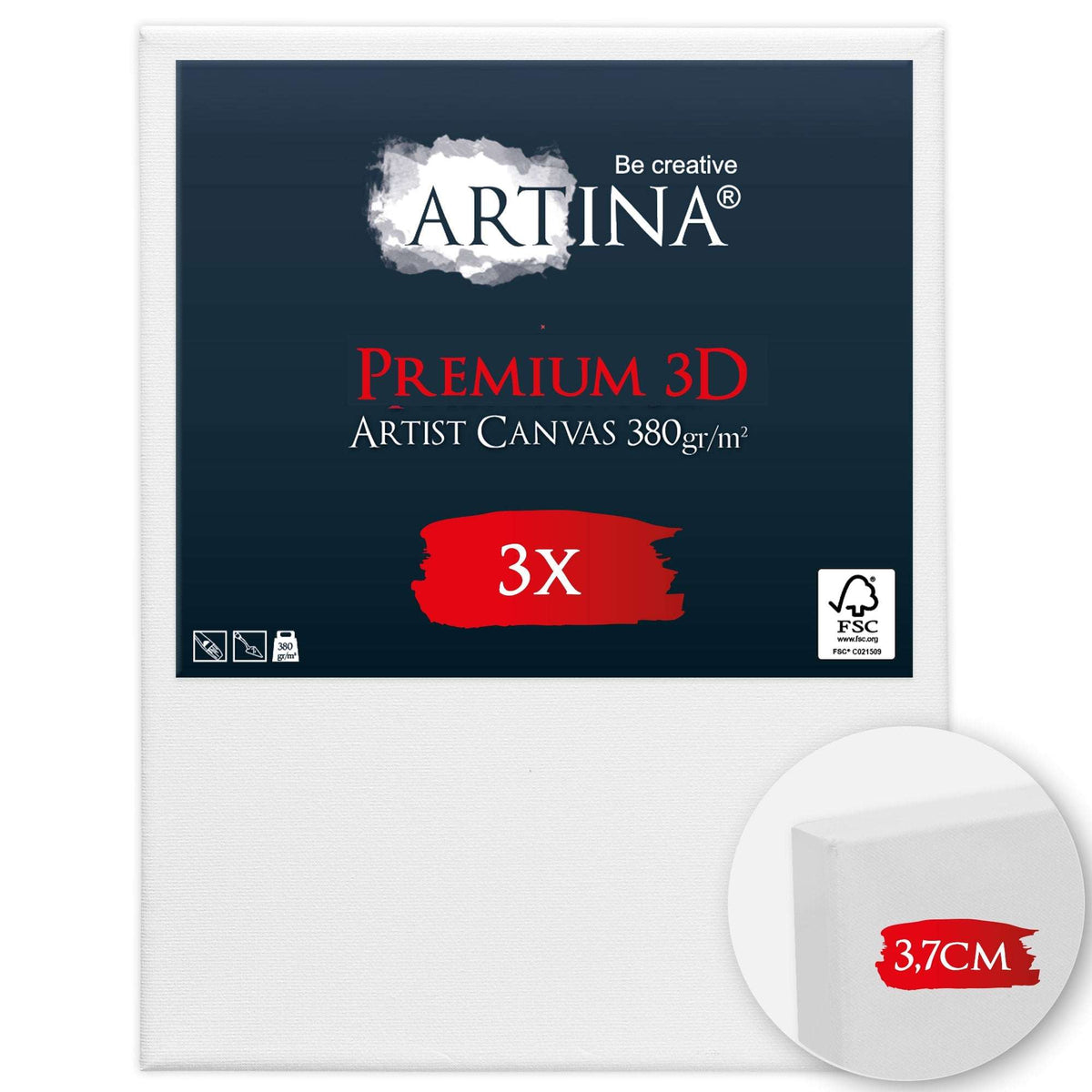 Artina 3er Set Premium 3D Leinwand auf Keilrahmen aus 100% Baumwolle, 380g/m², 3-fach weiß vorgrundiert, stabile Holzrahmen 37x38mm, vielseitig für alle Maltechniken