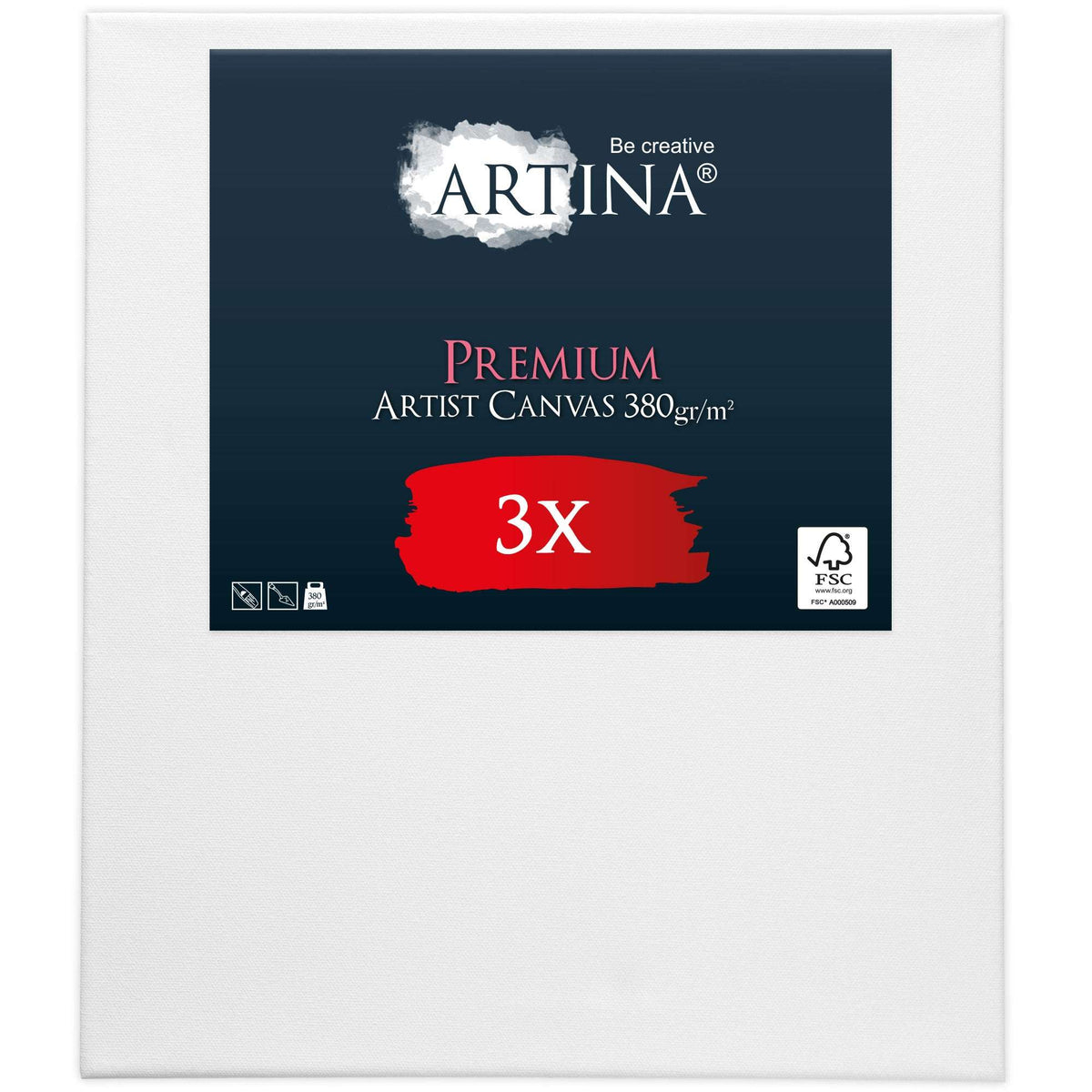 Artina 3er Set Premium Leinwand 380g/m² Baumwolle auf 15mm Holzkeilrahmen, 3-fach weiß grundiert, formstabil und verzugsfrei