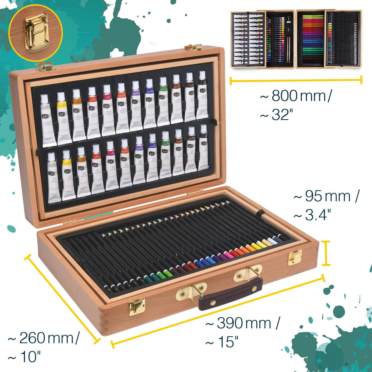 Artina 127tlg Holzkoffer Malset Bologna mit Acrylfarben, Buntstiften und Pinseln im hochwertigen Buchenholz Malkoffer