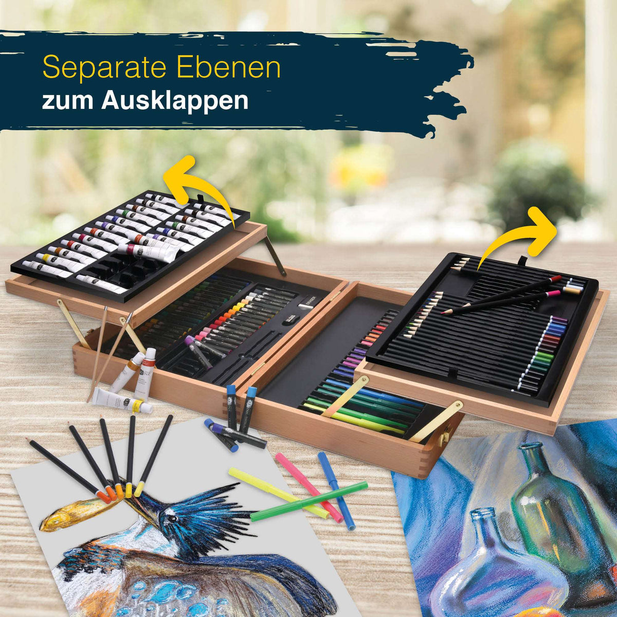 Artina 127tlg Holzkoffer vollständiges Malset mit Acrylfarben, Ölpastellen und Pinseln in hochwertigem Buchenholz-Koffer