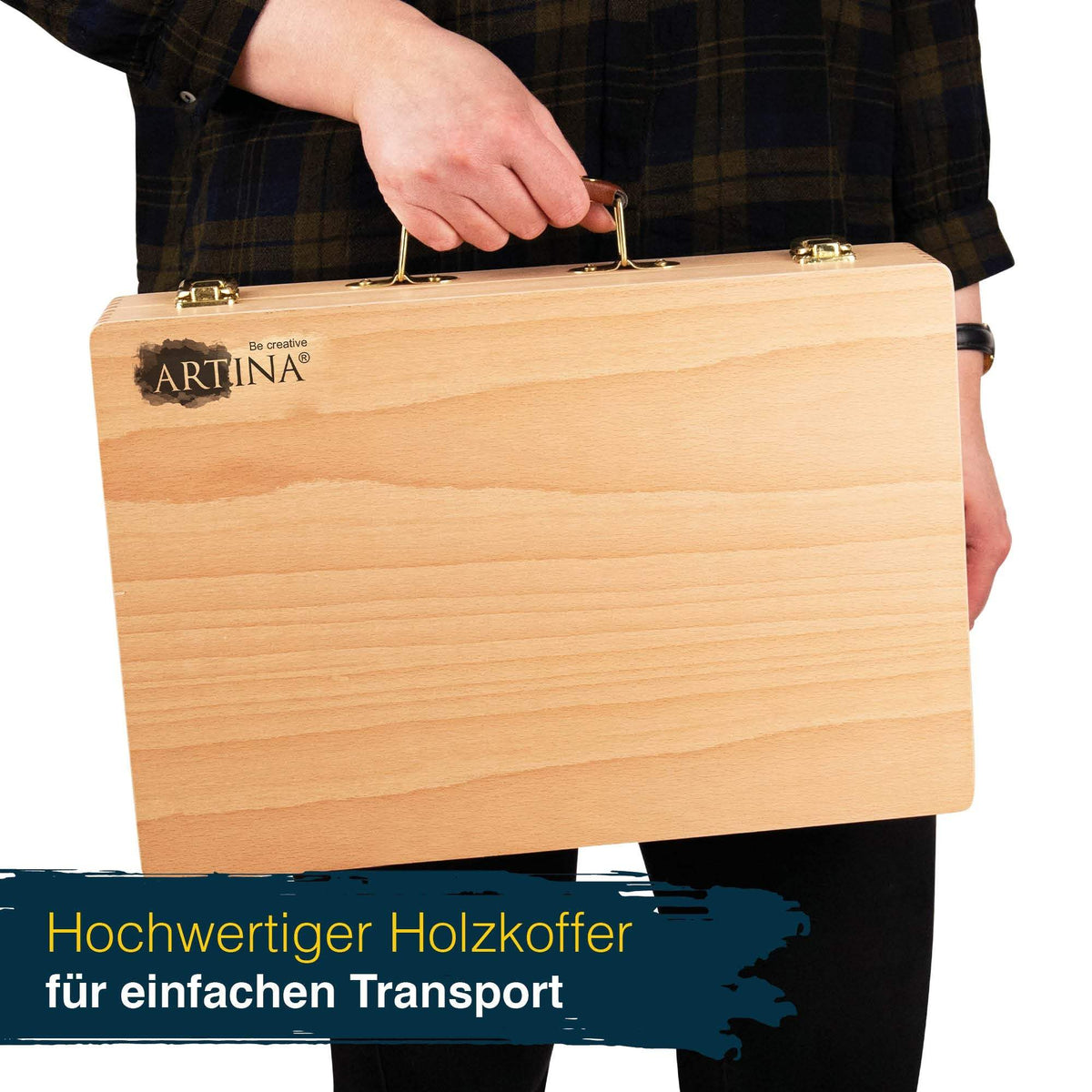 Artina 127tlg Holzkoffer Malset Bologna mit Acrylfarben, Ölpastellen, Buntstiften und Pinseln in hochwertigem Holzkoffer