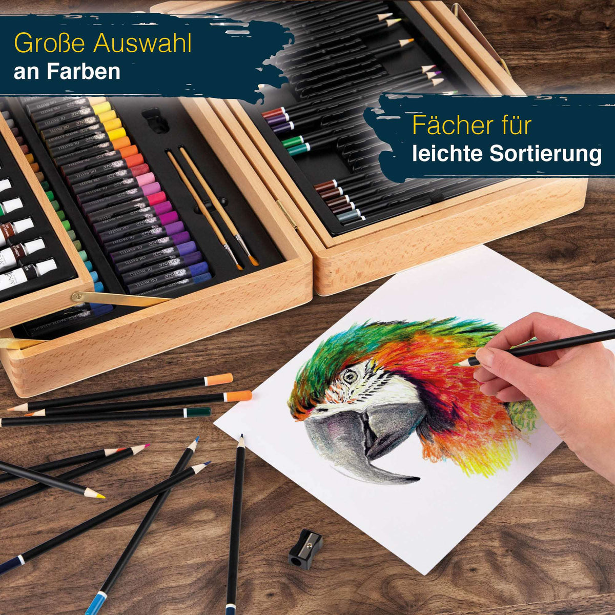 Artina 127tlg Holzkoffer Malset Bologna mit Acrylfarben, Ölpastellen und Pinseln in hochwertigem Holzkoffer