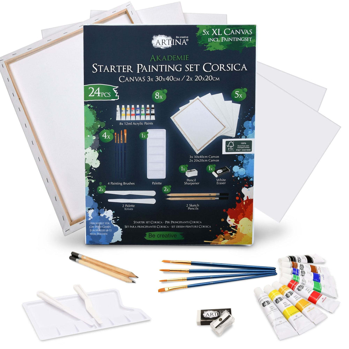 Artina Malset Corsica 24-piece acrylic painting set with 5 FSC-certified canvases, brushes, palette, paints, and drawing tools