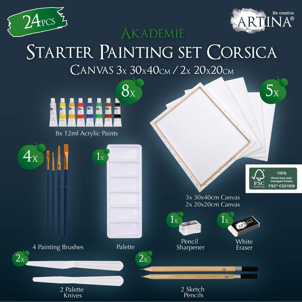 Artina Acrylfarben Malset 25-teiliges Künstler-Set mit Kofferstaffelei aus Buchenholz, Farben, Leinwänden und Zubehör