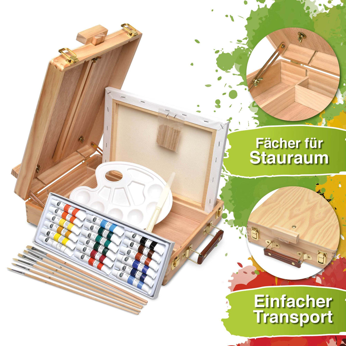 Artina Acrylfarben Malset 28-teilig mit Kofferstaffelei, Acrylfarben, Pinseln und Zubehör in Kiefernholz-Koffer