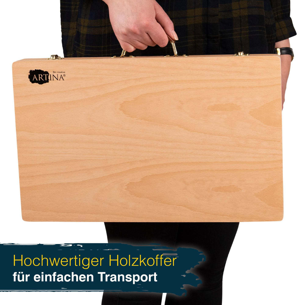 Artina Malkoffer Genova 89-teiliges Malset im Kiefernholz-Koffer mit Buntstiften, Wachsmalstiften, Wasserfarben und Pinseln