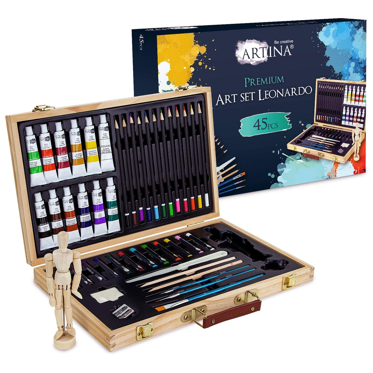 Artina 45tlg Malset Leonardo Malset mit Gliederpuppe und Acrylfarben im Holzkoffer
