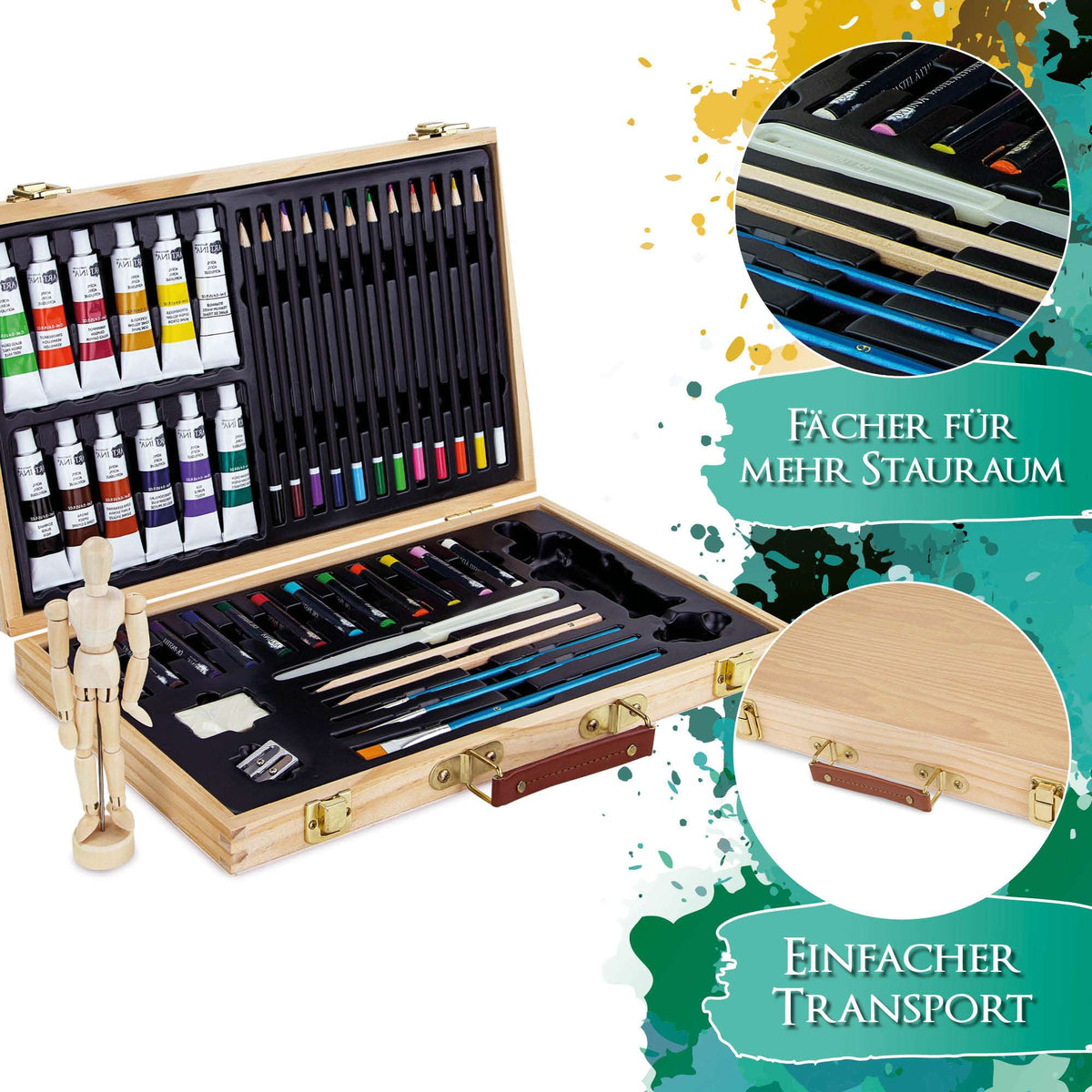Artina 45tlg Malset Leonardo mit Gliederpuppe und Acrylfarben im Holzkoffer