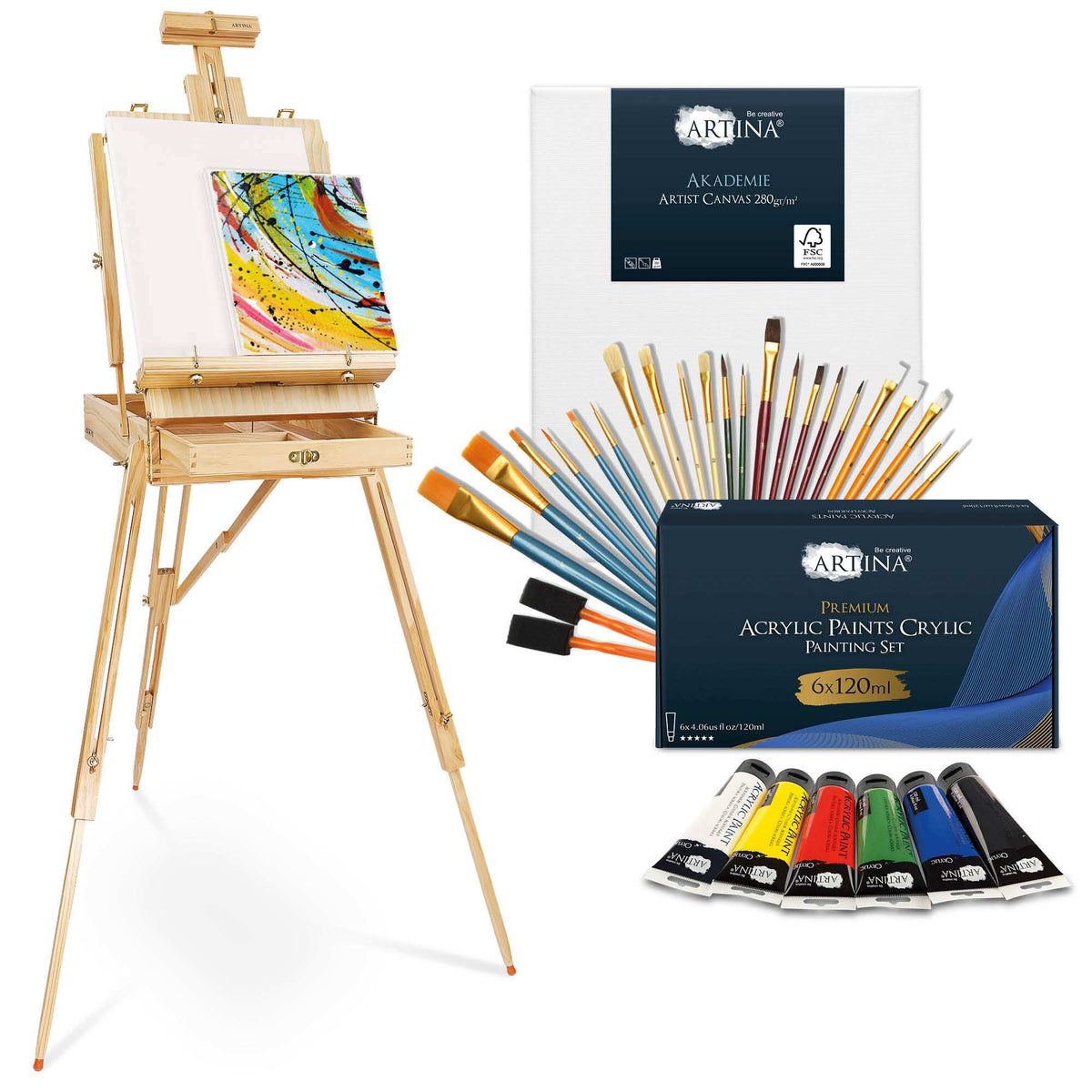 Artina 33-piece painting set with Staffelei Madrid easel, acrylic paints, brushes, and canvas