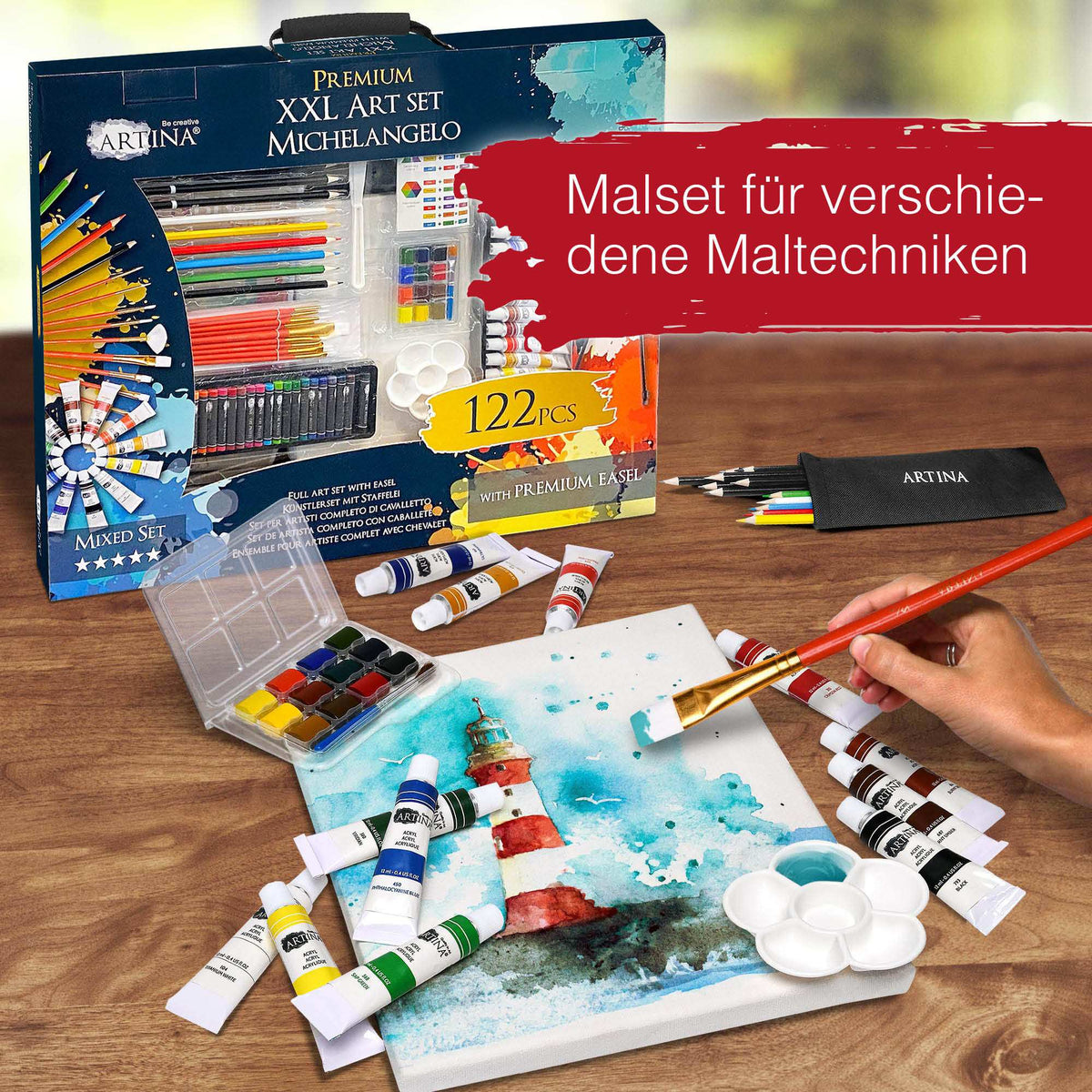 Artina 122tlg Malset mit Aluminium Staffelei, Pinselset, Acrylfarben und Zeichenzubehör
