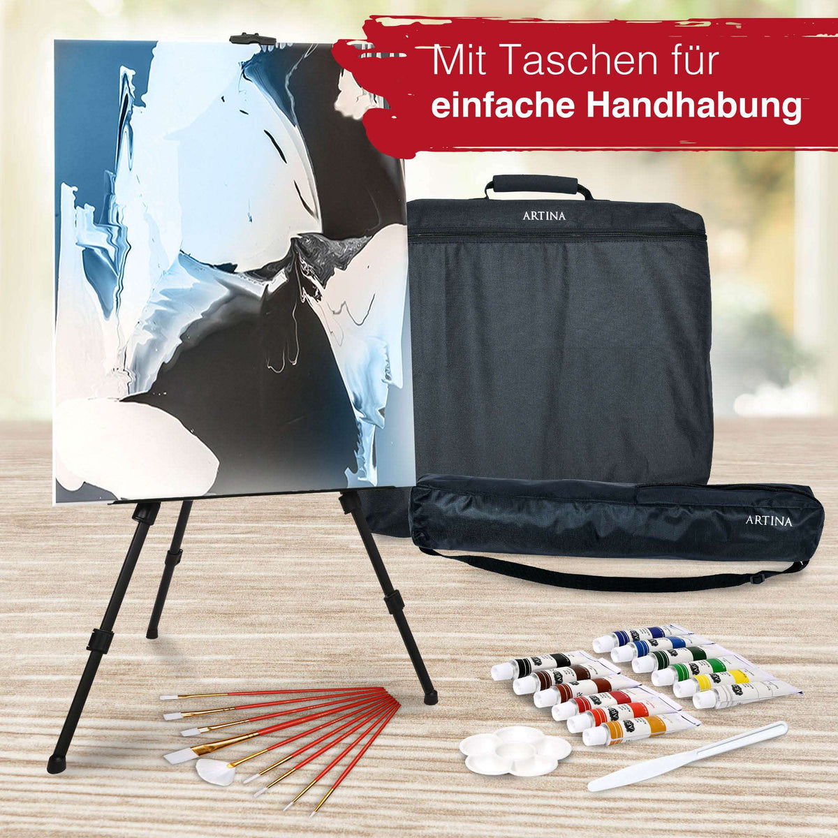 Artina 122tlg Malset mit Aluminium Staffelei, Acrylfarben, Pinselset und Zeichenutensilien