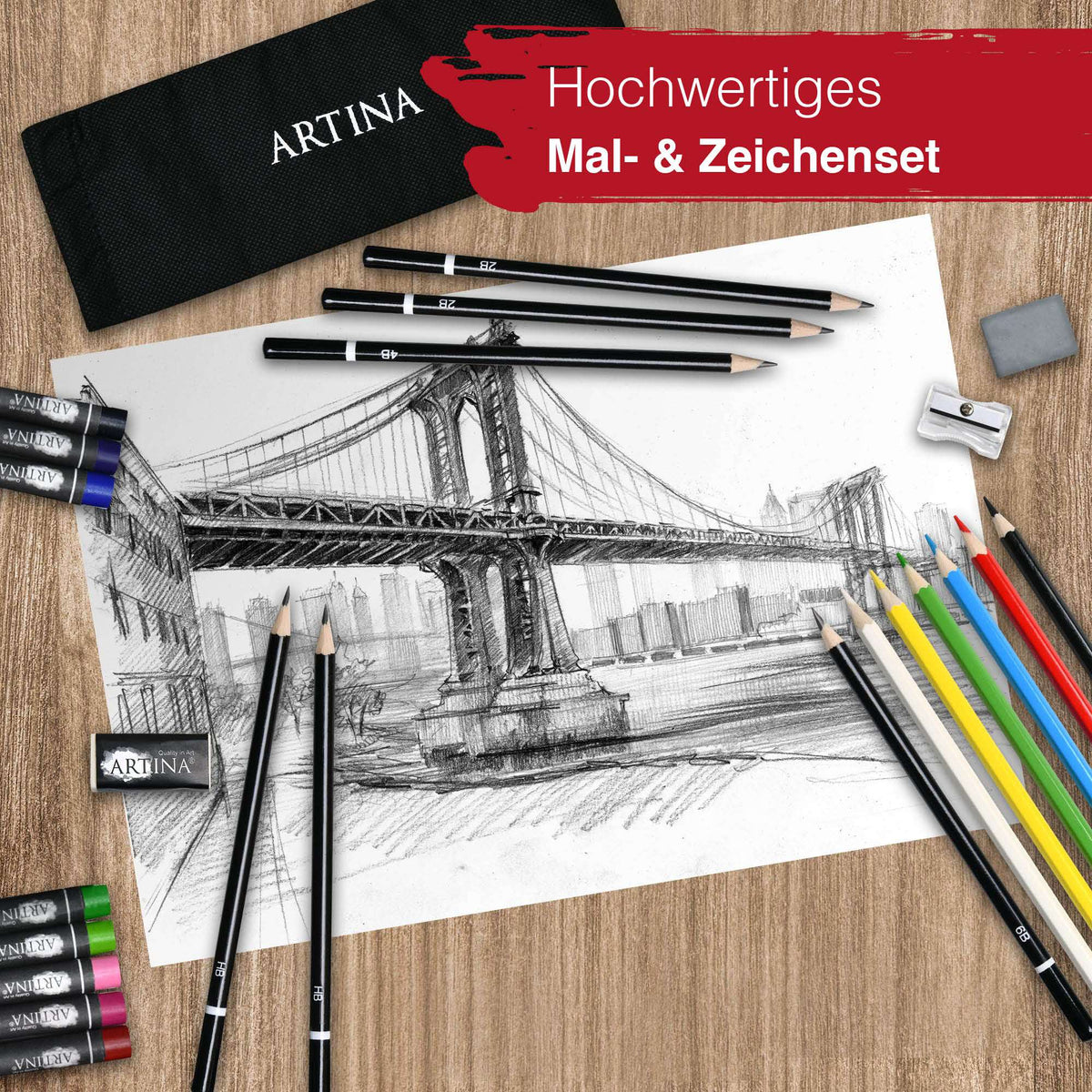 Artina 122tlg Malset Malset mit Aluminium Staffelei, Acrylfarben, Pinsel und Zeichenmaterialien