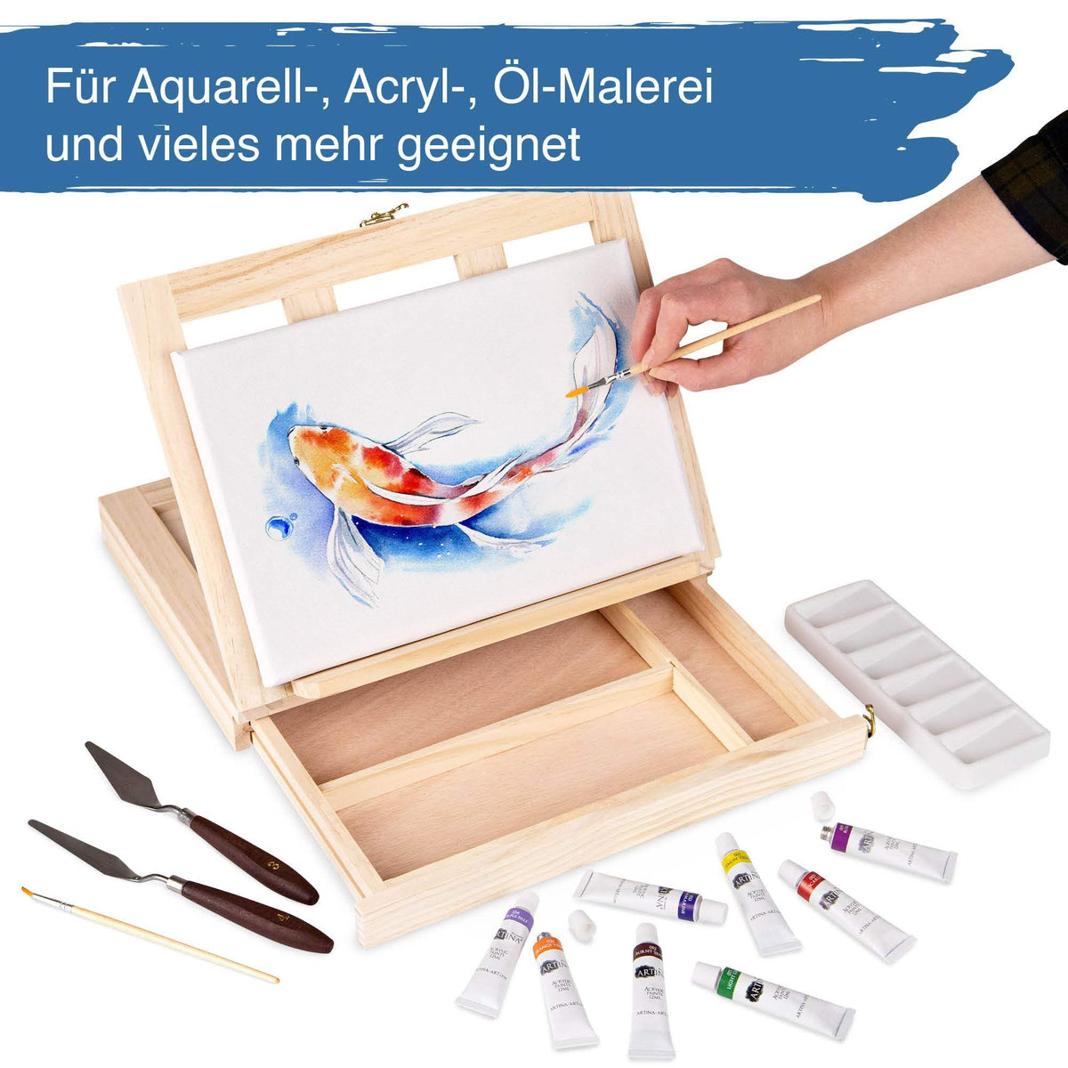 Artina Acryl-Malset Milano 19-teiliges Set mit Kiefernholz-Kofferstaffelei, Acrylfarben, Pinseln und Malzubehör
