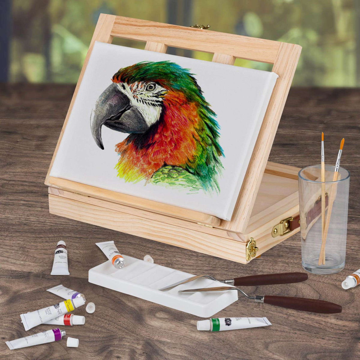 Artina Acryl-Malset Milano 19-teilig mit Koffer-Staffelei aus Kiefernholz, Acrylfarben, Pinseln und Malspachteln