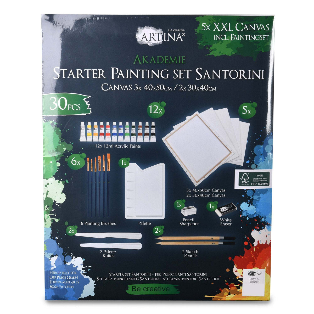 Artina Malset Santorini 30-piece painting set with 5 FSC-certified canvases, 12 acrylic paints, brushes, palette, and drawing tools