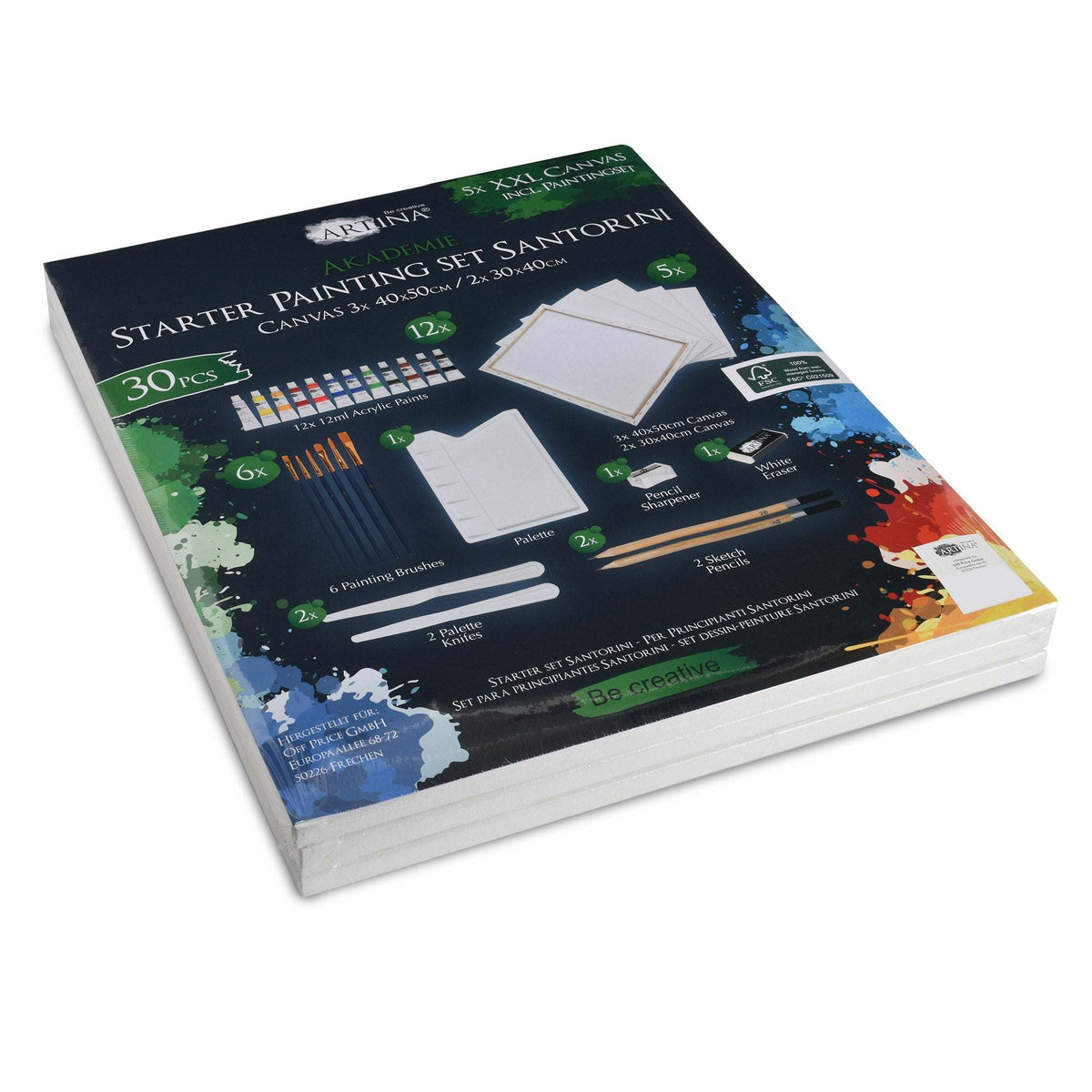 Artina Malset Santorini 30-piece acrylic painting set with 5 FSC® certified pinewood canvases, 12 acrylic colors, 6 nylon brushes, palette, palette knives, pencils, sharpener, and eraser