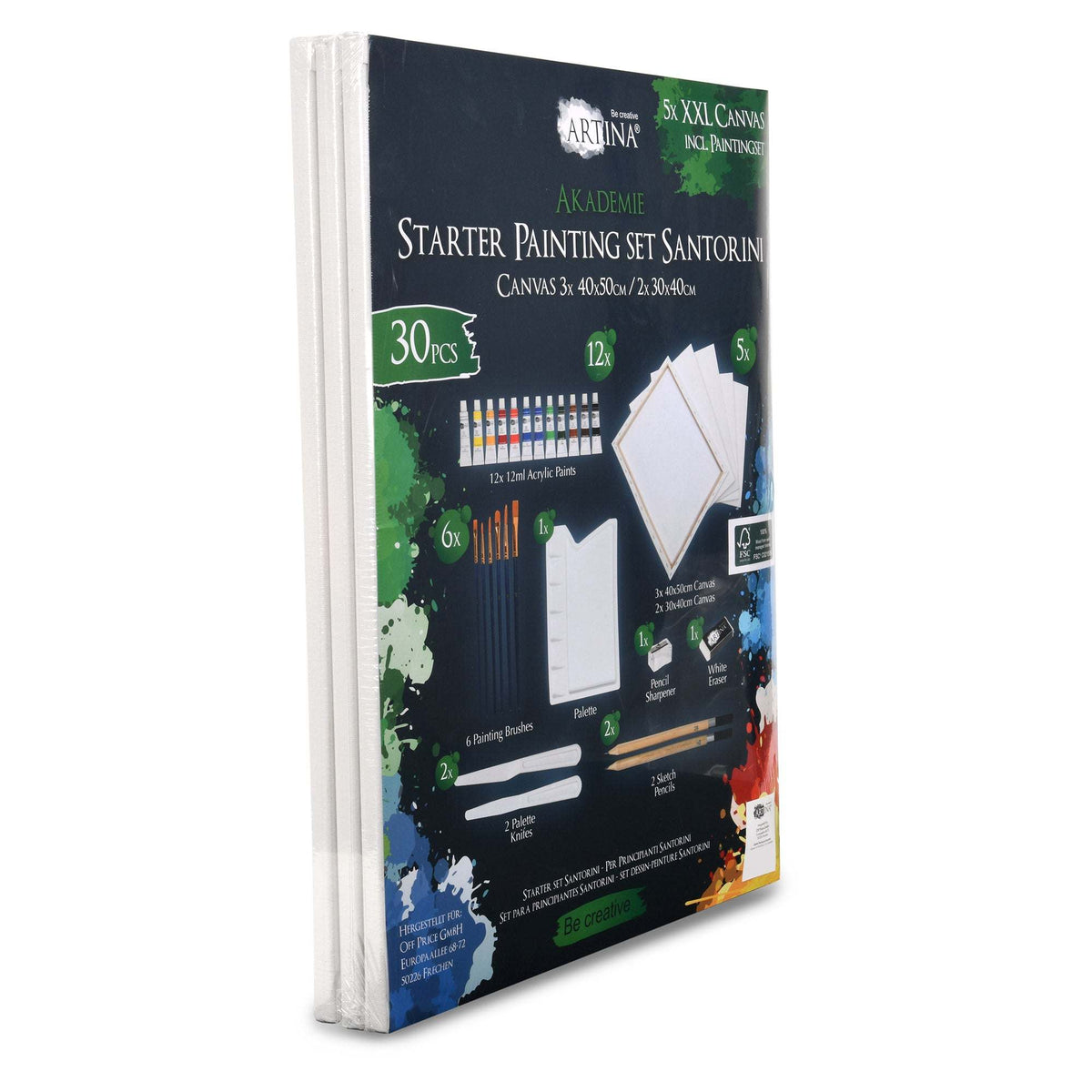 Artina Malset Santorini 30-piece painting kit with 5 FSC pine wood canvases, 12 acrylic colors, brushes, palette, and drawing tools